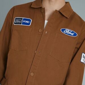 Unisex Ford Embroidered Patch Coveralls Brown Mechanic Suit XS
